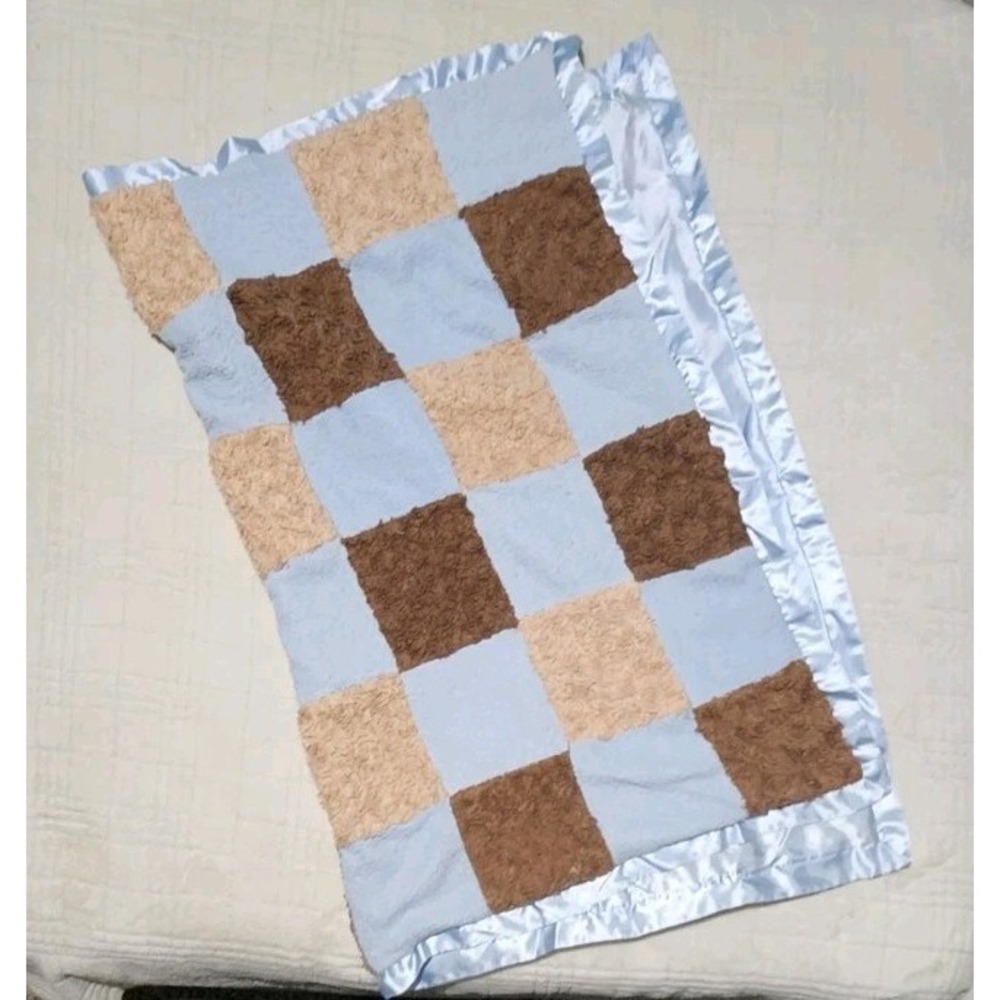 Cocalo Baby Blanket blue Brown‎ blue satin trim & back Patchwork